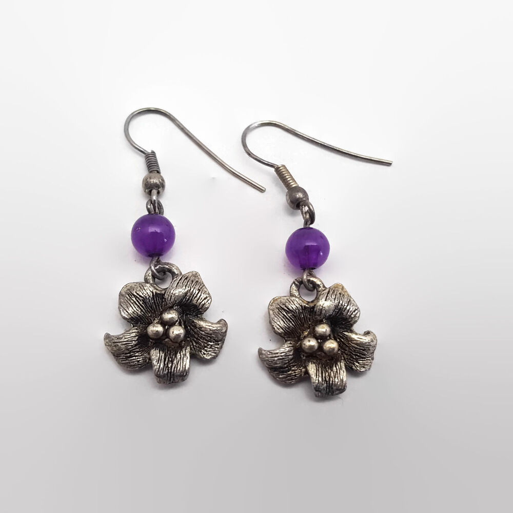 Amethyst Bead Silver Tone Flower Earrings